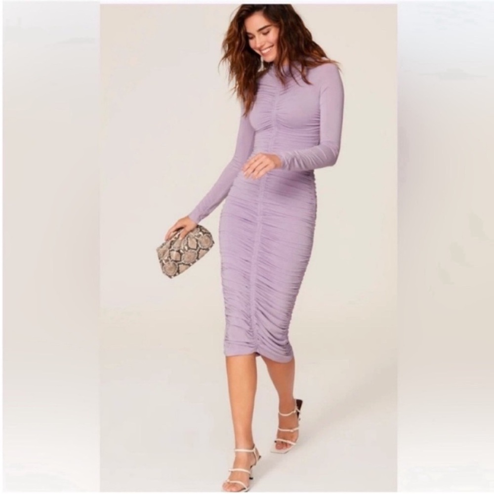 A.L.C. Light Mock Neck Ruched Long-Sleeve Midi Dress in Lavender Size S